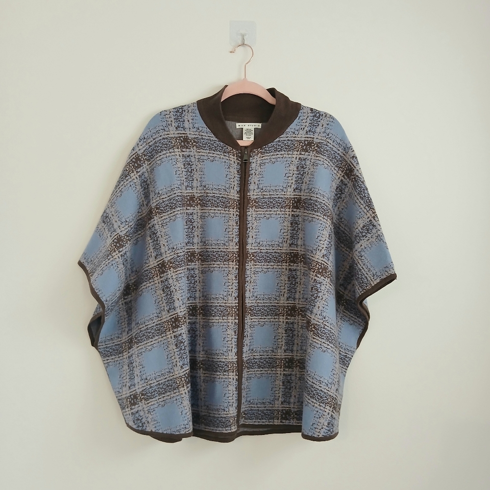 NWOT Max Studio Knit Blue and Brown Plaid Poncho Zip Sweater